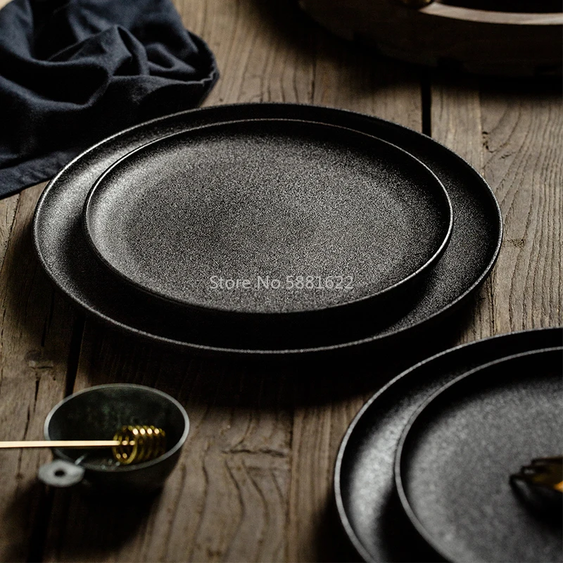 Plato-de-cer-mica-esmerilado-negro-plato-creativo-cuadrado-redondo-para