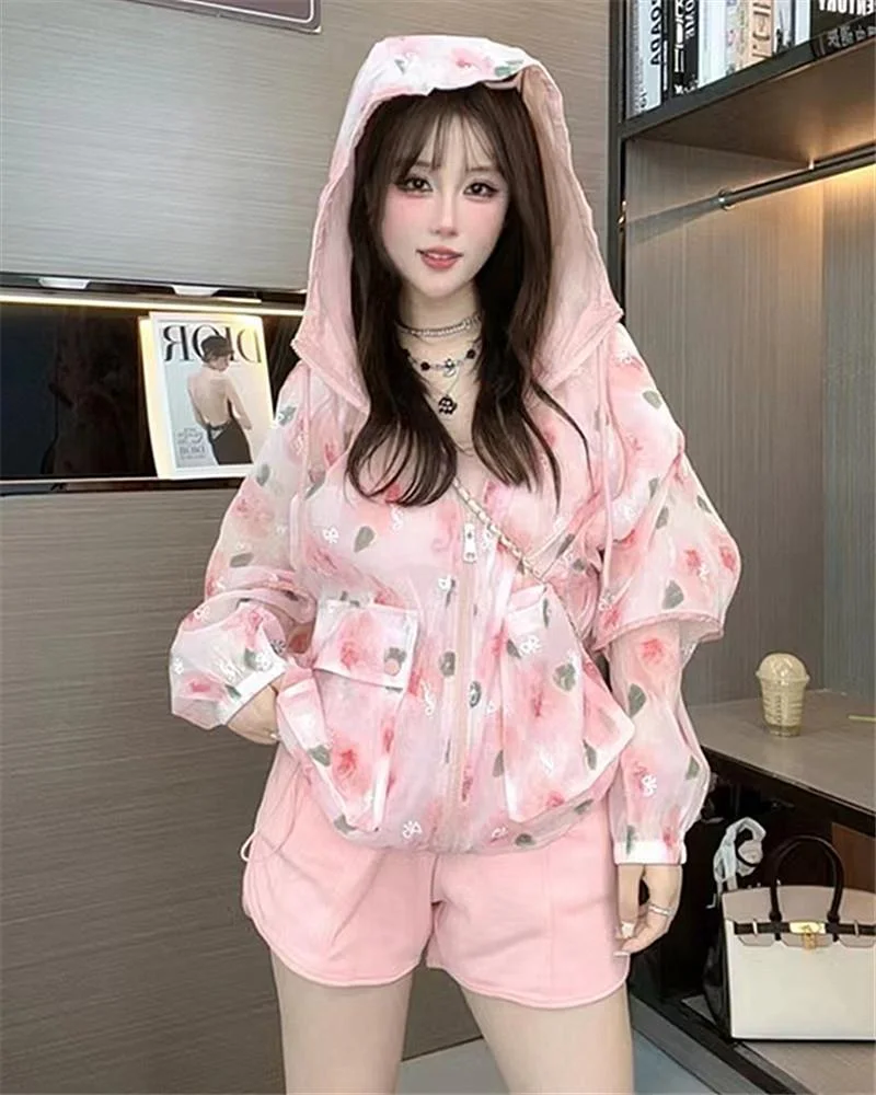 여름 새 여성의 느슨한 맞는 캐주얼 꽃 무늬 후드 선 스크린 옷 몸집이 작은 유행 경량 통기성 자켓