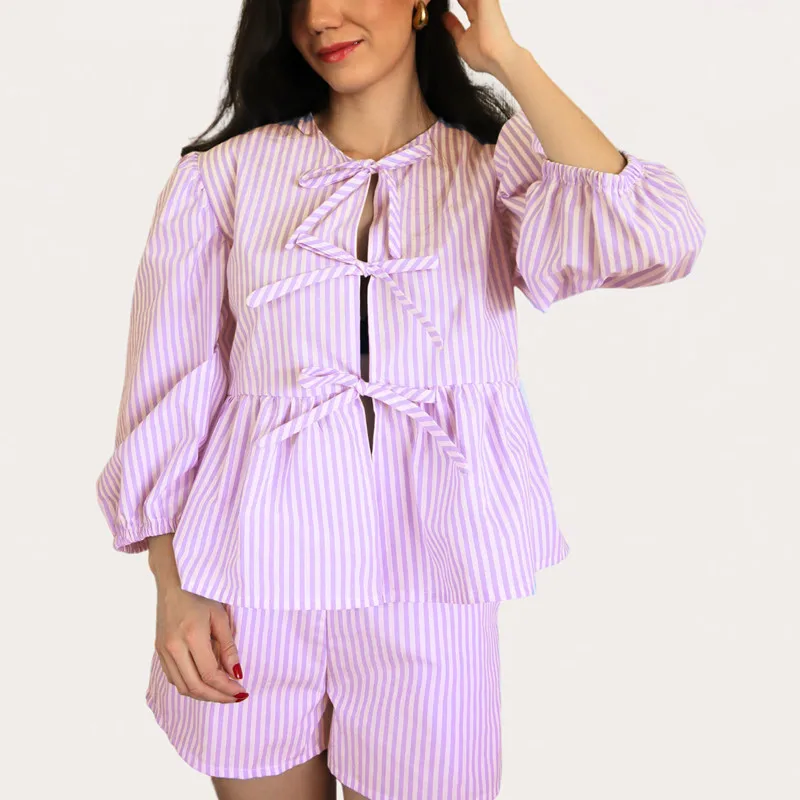 

Women 2 Piece Plaid Shorts Outfits Summer Tie Up Front Long Sleeve Blouse + Elastic Loose Shorts Lounge Set Streetwear Dailywear