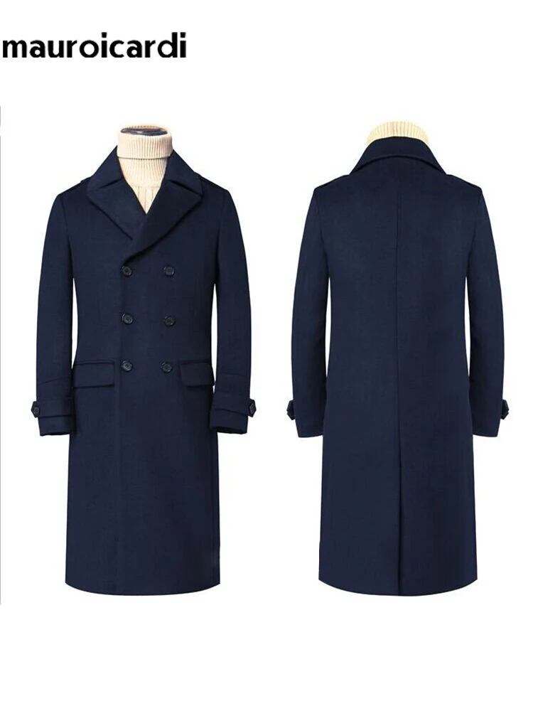 Mauroicardi Autumn Winter Long Warm Smart Casual Navy Blue Black Woolen Coat Men Double Breasted Luxury Wool Blends Overcoat 3