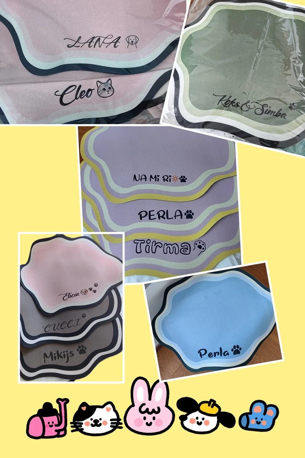 A collage showing various personalized pet mats in pink, green, purple, and blue, each featuring different pet names like "Lana," "Cleo," and "Perla".