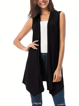 Women's Plus Size 1XL-5XL Solid Color  Hem Sleeveless Cardigan Versatile Casual Cardigan Simple Fashionable Cardigan 1