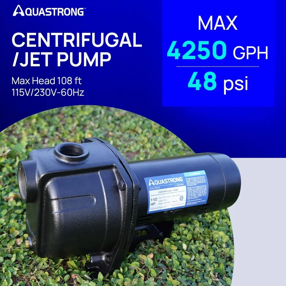 AQUASTRONG 1.5 HP Shallow Well Jet Pump, 4250 GPH, 115/230V, Cast Iron Booster Pump for Irrigation and Gardening