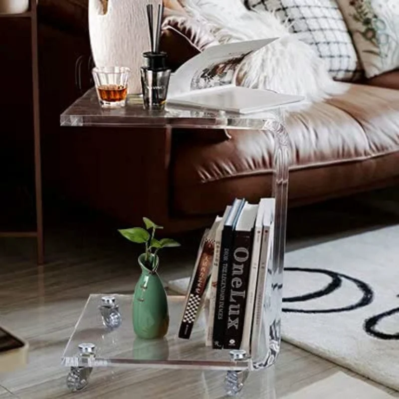 Modern Lucite Movable C Shaped End Lucite Table,Acrylic Sofa Side Table, Snack Mini Table On Wheels,Clear Rolling Table Set