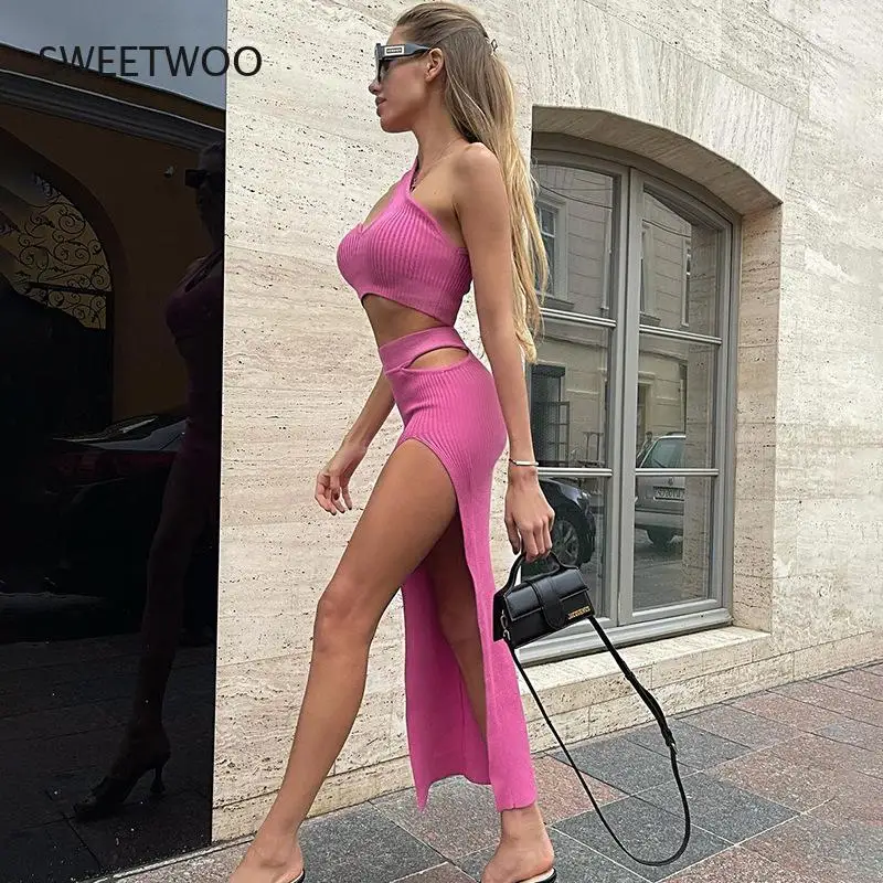 

Dulzura 2021 Autumn Winter Women Solid 2 Piece One Shoulder Crop Top Tanks Slit Midi Skirt Set Bodycon Sexy Party Elegant Outfit