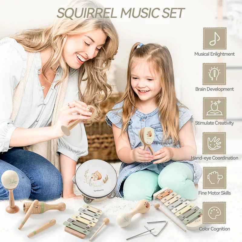 Baby Wooden Montessori Squirrel Pattern Musical Instruments Multi-function Musical Game Interactive Instruments Newborns Gifts 4