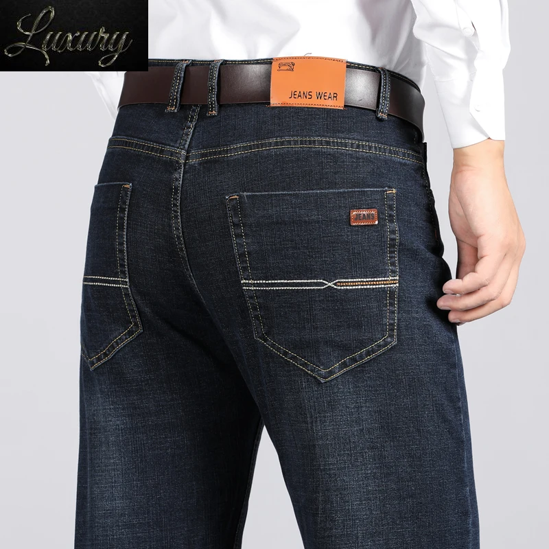 

Новинка 2023, черные синие джинсы, мужские эластичные прямые Стрейчевые модные корейские деловые повседневные мужские офисные джинсовые брюки со средней талией