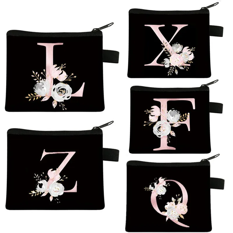 Pink Letter Flower Print Purse Cute Portable Zipper Key Storage Bag Small Fresh Canvas Zippered Children Coin Purse Clutch Bag mickey dot coin bag kids cartoon purse girls purse mini wallet strape zipper pu key storage bags