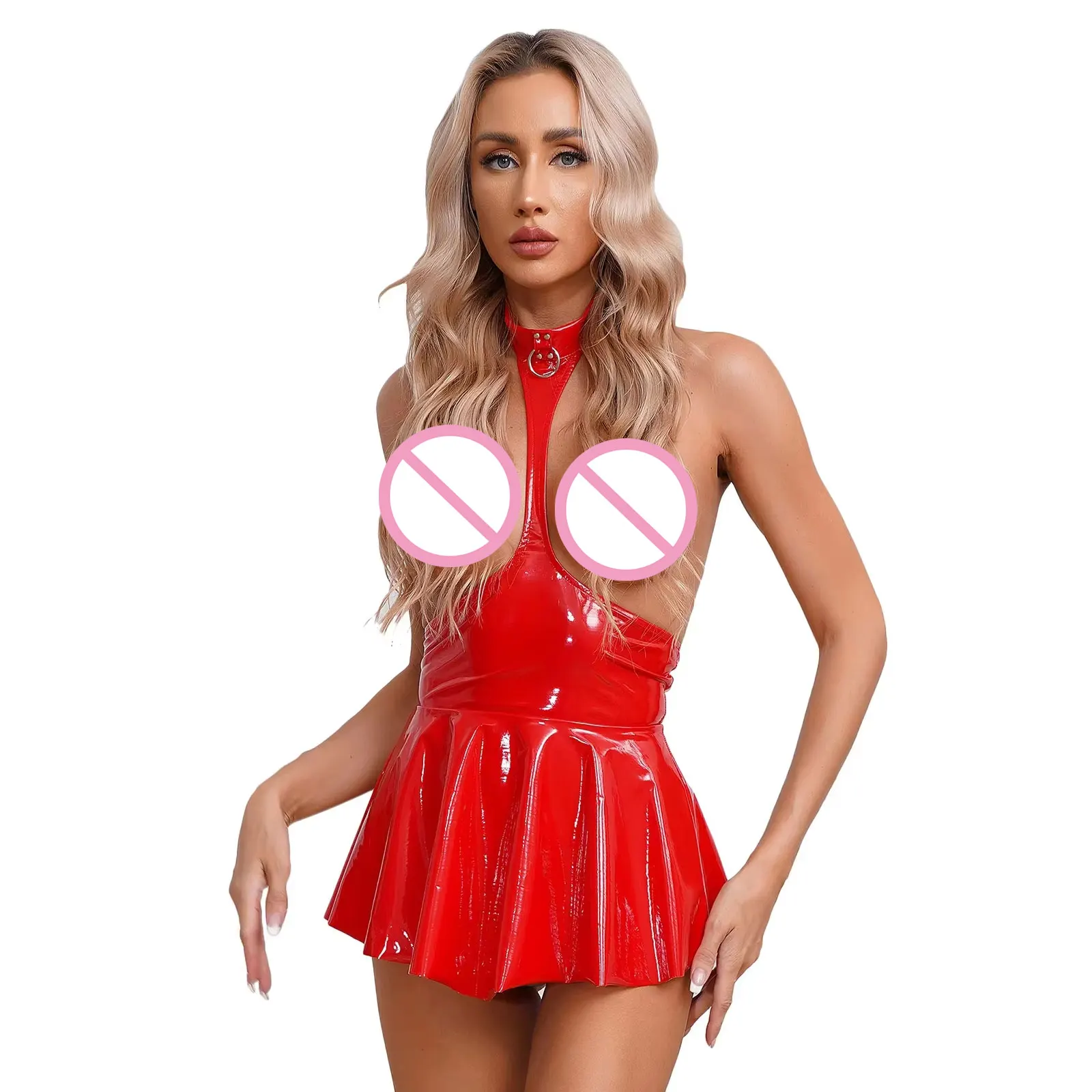 Womens Fashion Zipper Hollow Out Dress Party Clubwear Wet Look Patent Leather Open Chest Sleeveless Mini Dresses with Garter