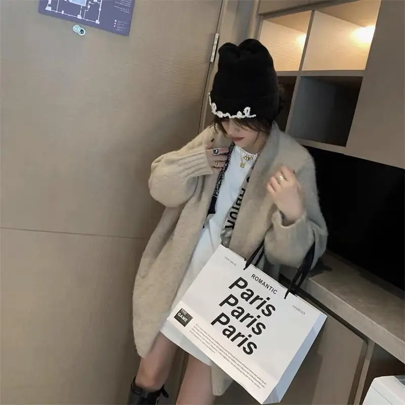 여성용 두꺼운 따뜻한 스웨터 가디건, 일본 스타일, 레이지 윈드 소프트 니트 가디건, 여성용 그레이 카키 루즈 니트 코트, 가을 겨울