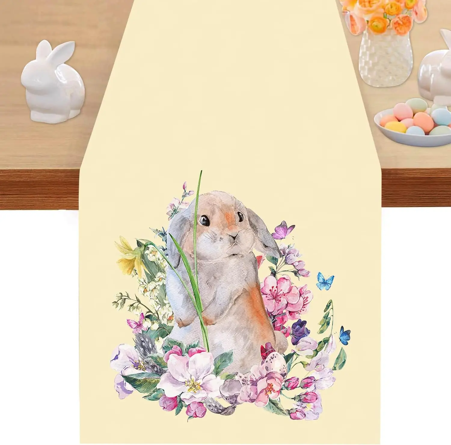

Easter Bunny Floral Butterfly Linen Table Runners Seasonal Spring Decor Holiday Kitchen Dining Table Runner for Home Party Decor