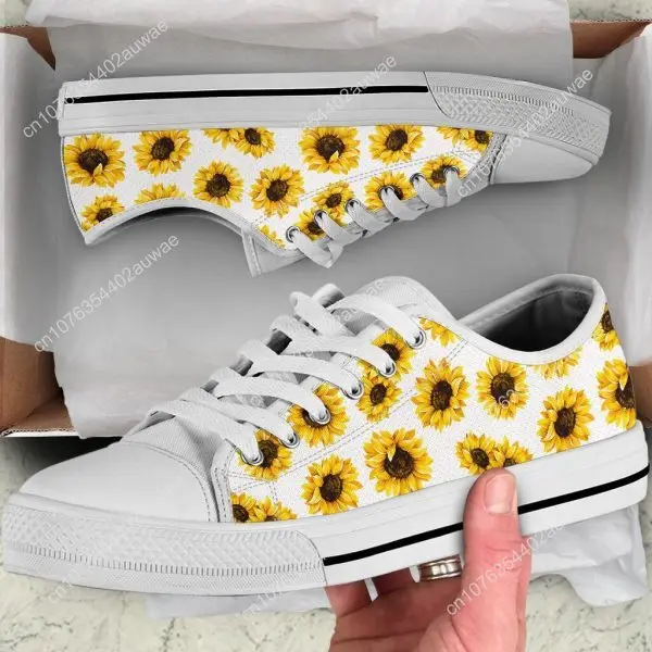 Classic Yellow Flower Sunflower Printing Canvas Shoes Women Daily Outdoor Light Sneakers Black White Flats For Teens