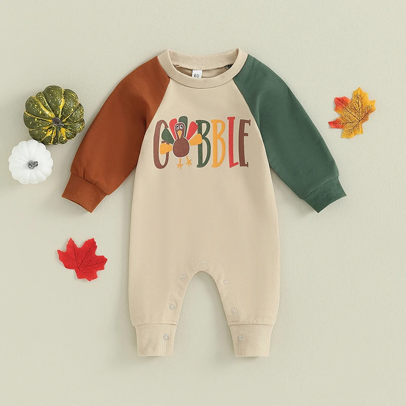 

Baby Girls Boys Rompers Thanksgiving Infant Turkey Letter Print Contrast Color Long Sleeve Jumpsuits For Newborn Items Clothes