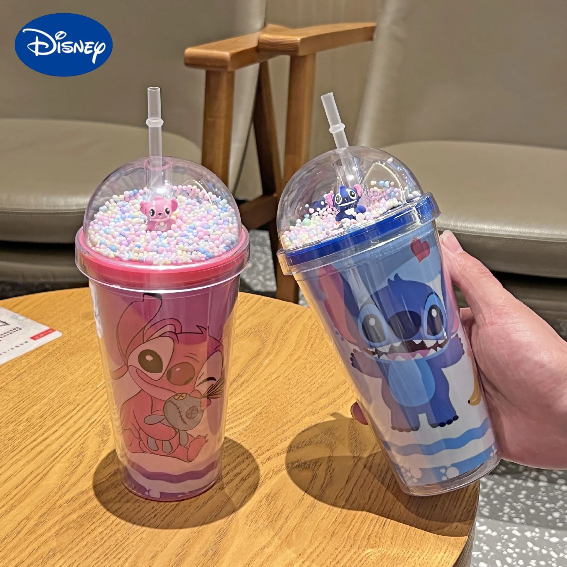 

450ML Disney Stitch Straw Cup for Children Portable Sports Bottle Anime Figure Lilo and Stitch Double-layer Plastic Water Cup