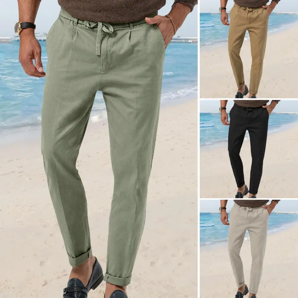 

Fashion Men's Business Casual Pants Adjustable Waist Solid Color with Pockets Breathable Casual Pants Drawstring Loose Trousers