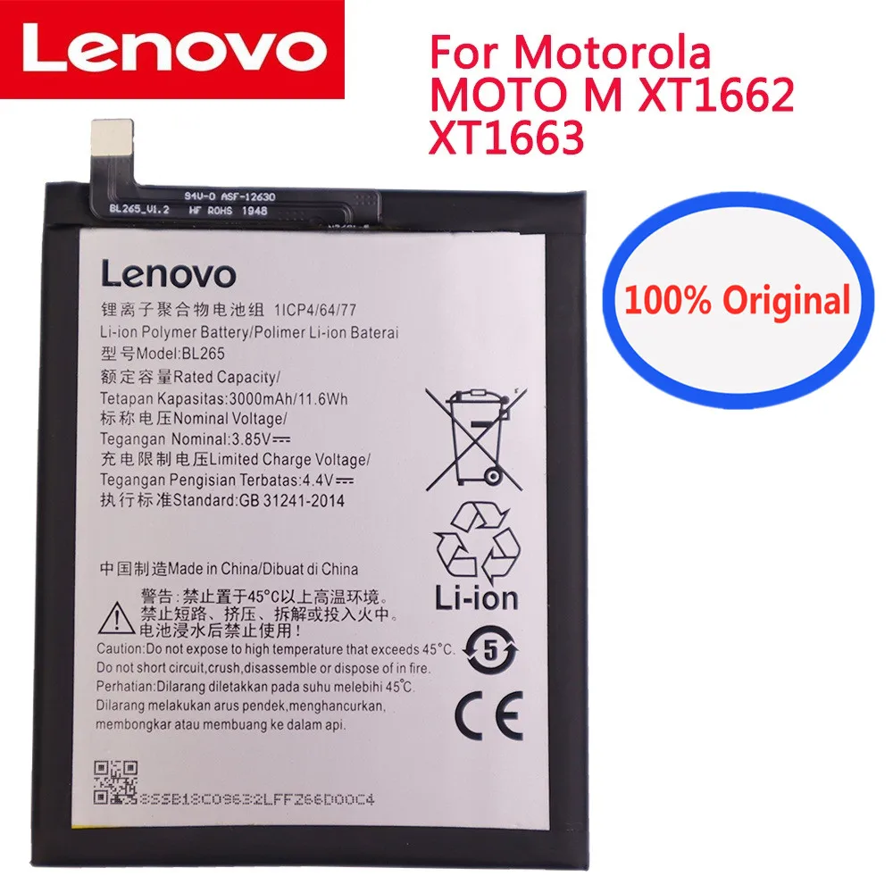 

New 100% original battery BL265 For Lenovo XT1662 Battery For Motorola MOTO M XT1662 XT1663 3000mAh Batterie + Tracking Number