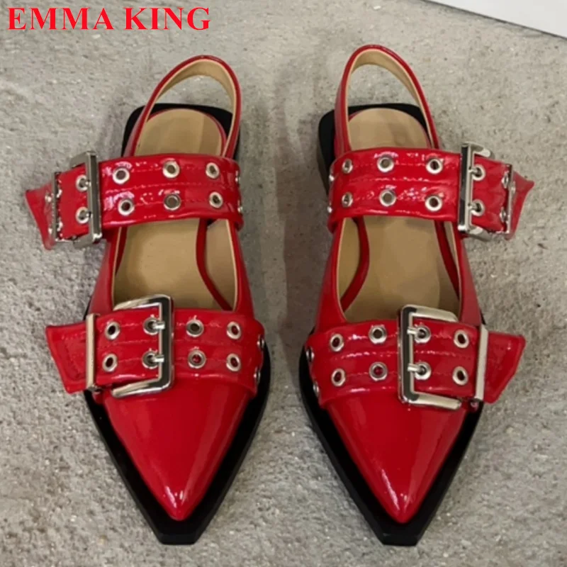 2023 New Summer Women's Flat Shoes Punk Metal Buckle Strap Casual Pointed Toe Shoes Back Strap Mules Design Sandals Ladies Shoes