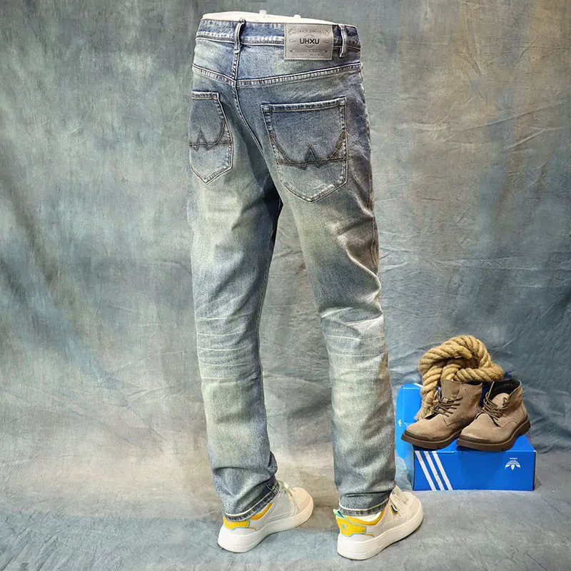 Italian Style Fashion Men Jeans High Quality Retro Blue Stretch Slim Fit Ripped Jeans Men Vintage Designer Casual Denim Pants
