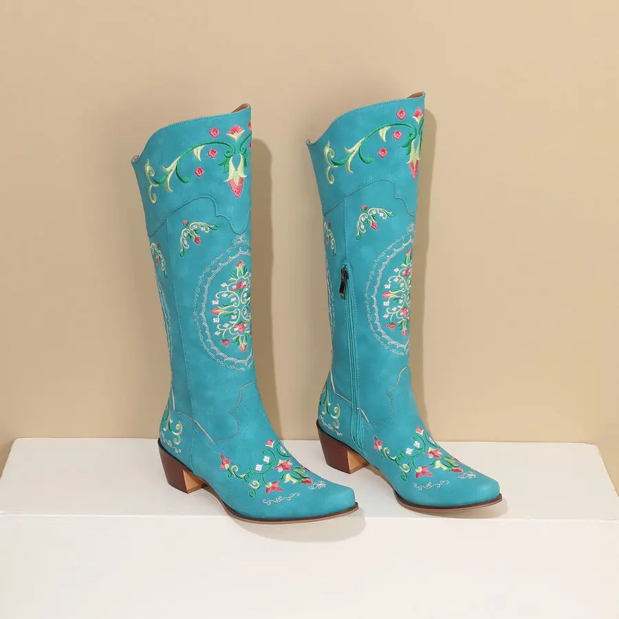 Cowgirls Western Boots Women's Embroidery Cowboy Boots for Wide Calf 2024 Chunky Med Heels Shoes 4 Seasons Zipper PU Footwear