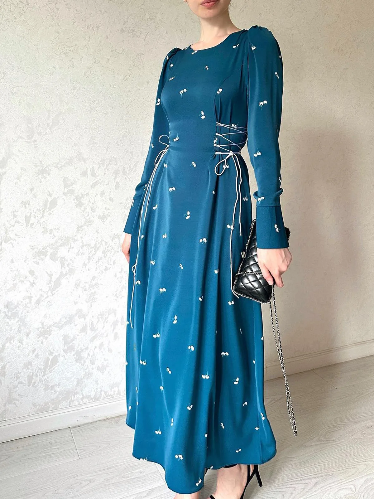 Printed Bandage Elegant Maxi Dress For Women Slim Patchwork Lace-Up Long Sleeve Fashion Dress Female Contrast Long Dress