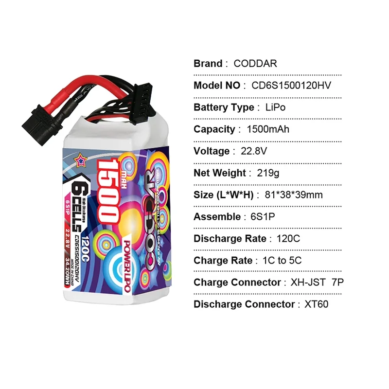 

CODDAR 1500MAH 6S 22,8 V 120C Высоковольтная легкая модель летательного аппарата пересекающая авиационная литиевая батарея