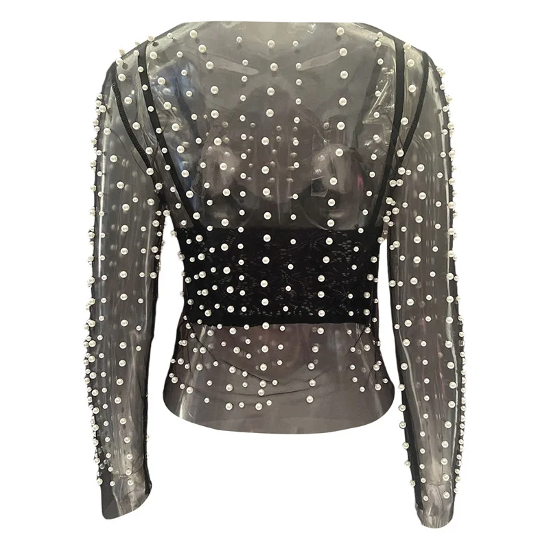 Sheer Mesh Top with Pearls Women y2k Clothing See Through Round Neck Long Sleeve T Shirt 2000s Clothes Party Clubwear