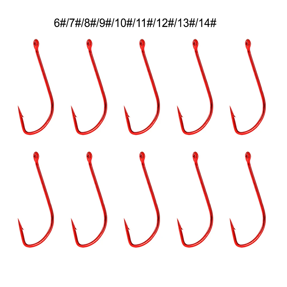 

10pcs Fishing Hooks Long Shank Barbed Double Barb Red Cover Fishhooks Size 6#~14# Single Circle Carp Fishing Accessories
