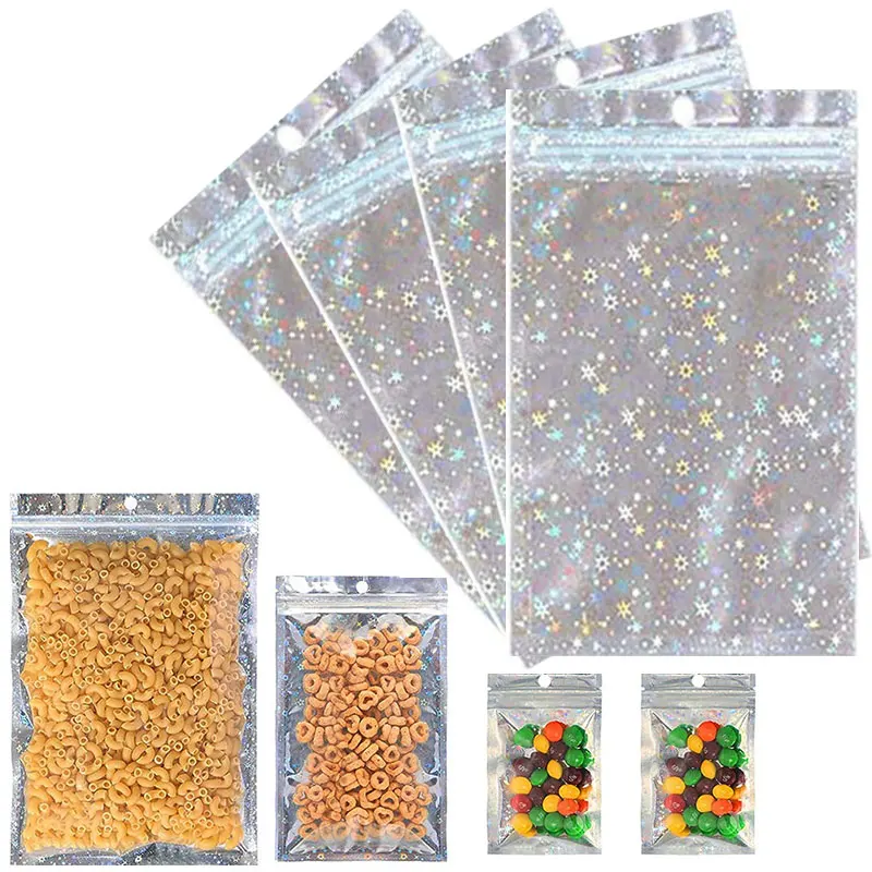 50pcs Holographic Zip Lock Bags Star Pattern Transparent Mylar Pouch Foil Baggies for DIY Jewelry Display Packaging Organizer