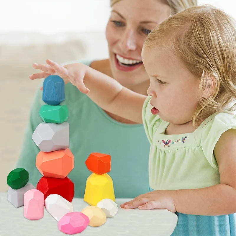 Wooden Balancing Stacking Stones Rocks, Building Blocks Set, Sorting and Stacking Games, Montessori Puzzle Toys for Kids Gifts