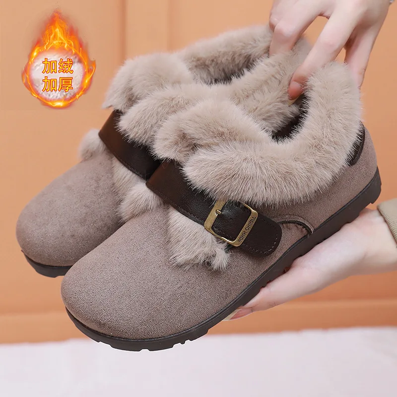 Outdoor Non Slip Women Warm Shoes 2026 Winter New Fashion Buckle Strap Vintage Casual Shoes Thicken Plush Soft Sole Cotton Shoes