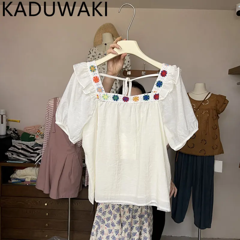 

Korean Chic Square Neck Shirt Women Ruffles Temperament Short Sleeve Blouse Loose Fit Thin Versatile Women's Tops Summer New