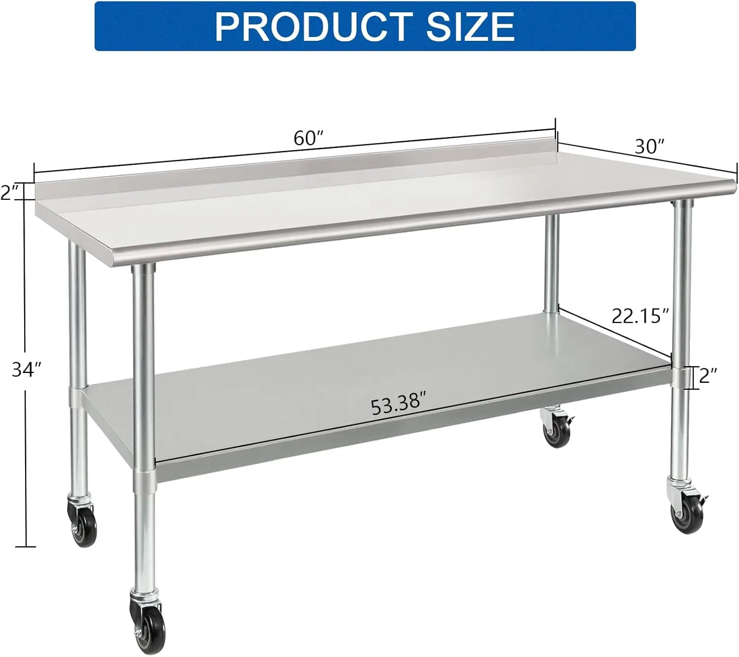 Stainless Steel Table 30 x 60 Inches with Wheels Casters NSF Heavy Duty ...