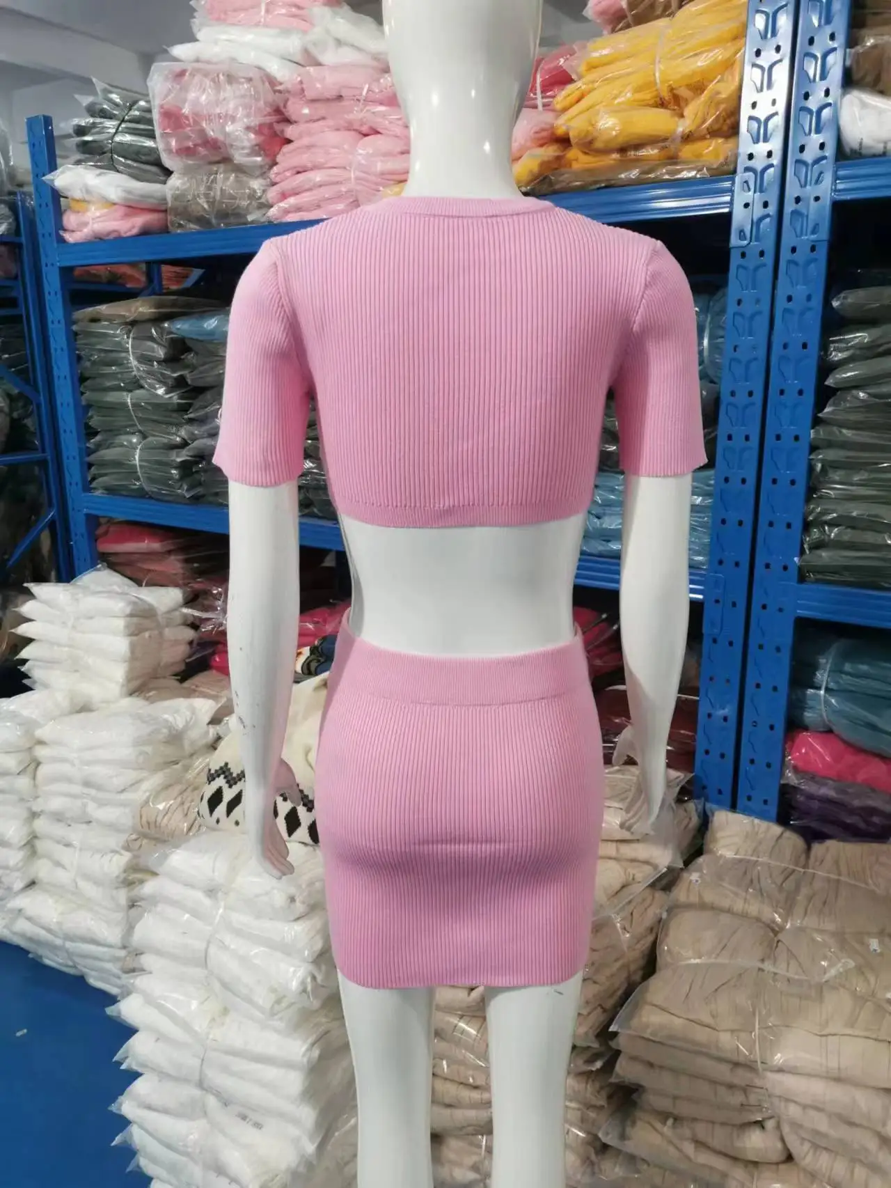 Pink Knitted Cropped Tank Top and High Elastic Short Skirt Set