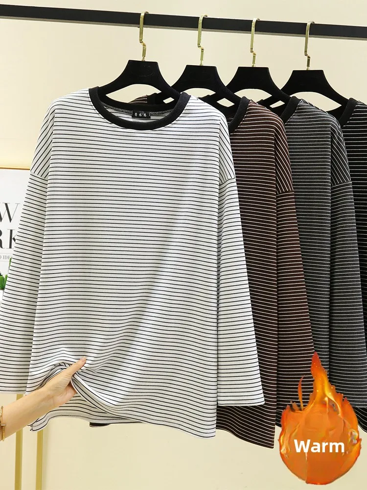 Thiened Fce round Ne Warm Striped Base irt Women's Winter Loose Fit Long Sve T-irt Casual Sle plus Size