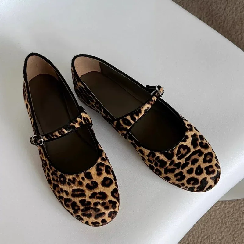 Women Shoes Shallow Mouth Leopard Print Ballet Mary Jane Spring Autumn Walking Round Toe Buckle Flats