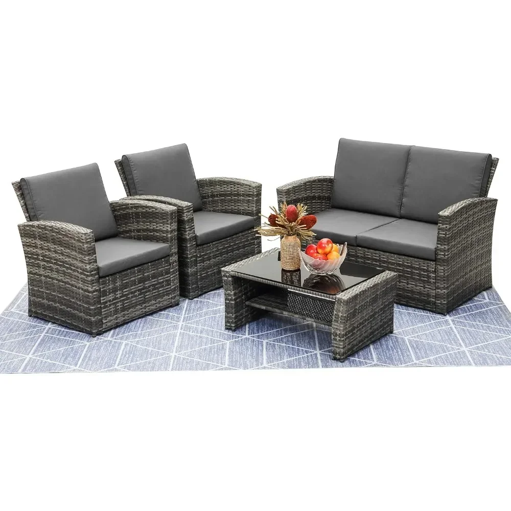 

4 Piece Outdoor Patio Furniture Sets, Wicker Conversation Sets, Rattan Sofa Chair with Cushion for Backyard Lawn Garden, Sofas