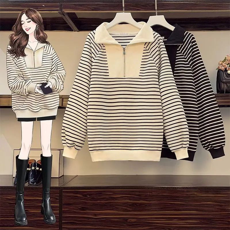 2023 New Spring and Autumn Lazy Style Half Zip Polo Neck Stripe Print Long Sleeve Colorblock Loose Versatile Oversized Sweater