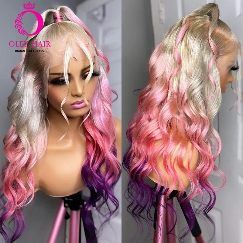 

OLEY 30 Inch Body Wave Ombre Pink Color Synthetic 13x4 Transparent Lace Front Heat Resistant Preplucked Cospaly Wigs For Women