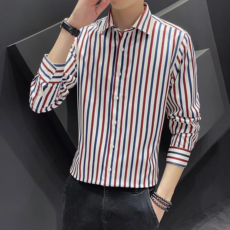 

Vertical Striped Shirt Men Summer Casual Shirts Long Sleeve Thin Breathe Korean Fashion Clothing Ice Silk Streetwear Tops C70