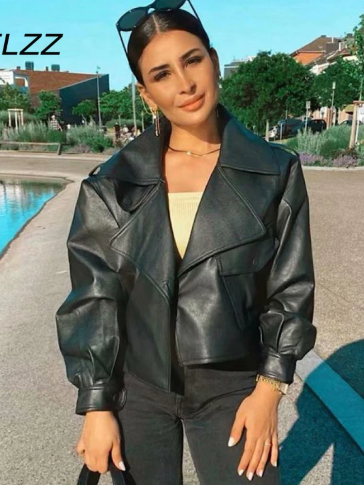 

New Women Oversized Black Biker Jakcet Spring Autumn Turn Down Collar Soft Faux Leather Coat Ladies Streetwear Moto Jackets