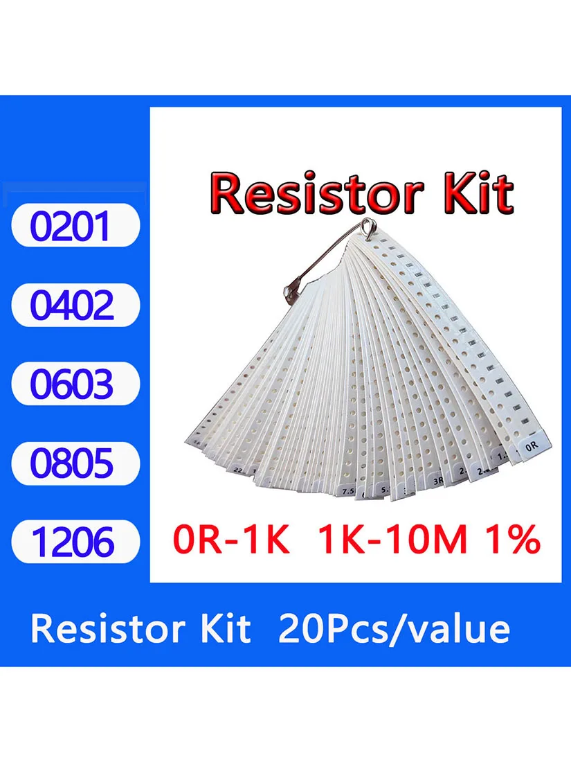 Resistor kit 0201 0402 0603 0805 1206 smd 50values*20PCS=1000PCS 1% Sample 1ohm 47ohm 1kohm 10kohm