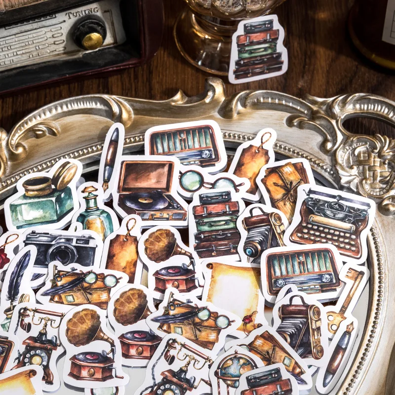 

56 packs wholesale old objects Boxed stickers literature nostalgia vintage decoration stickers glasses gramophone paper