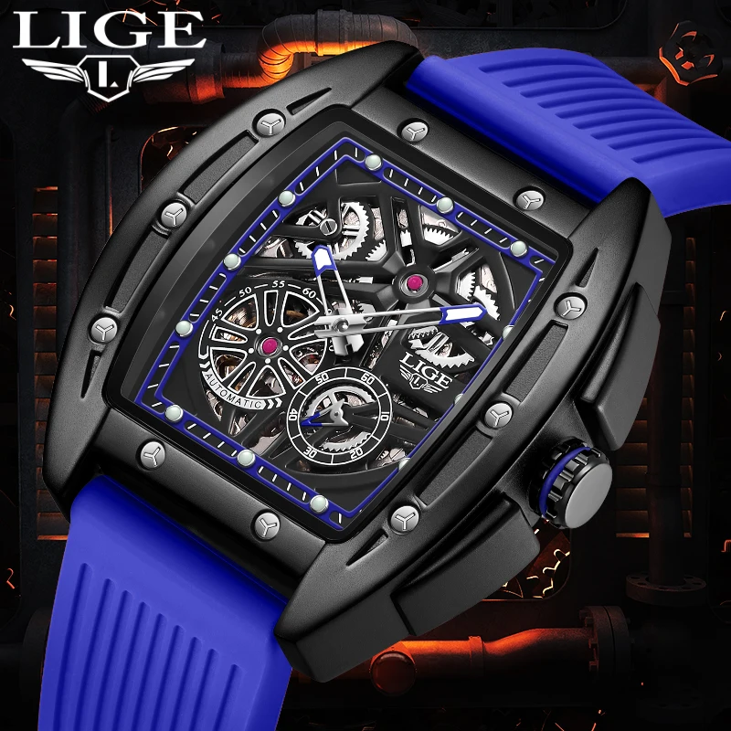 

LIGE Luxury Fashion Mechanical Watches Casual Sport Creative Silicone Strap Watch for Men Luminous Pointer Waterproof Wristwatch