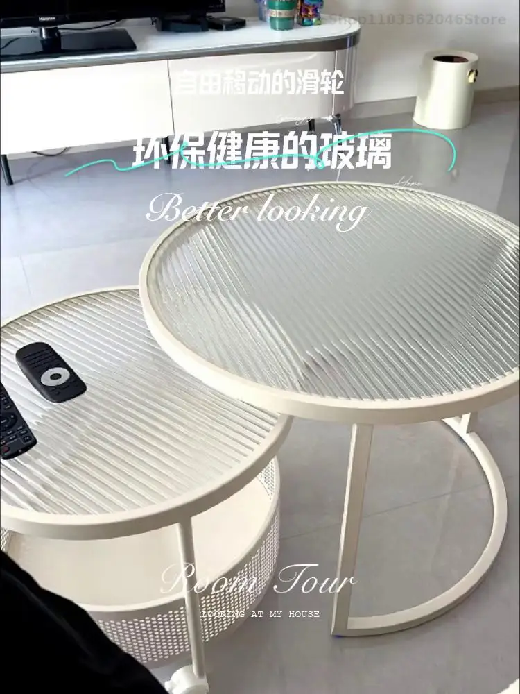Small Apartment Cream Style Changhong Glass Movable Sofa Side Table Coffee Table Combination Creative Corner