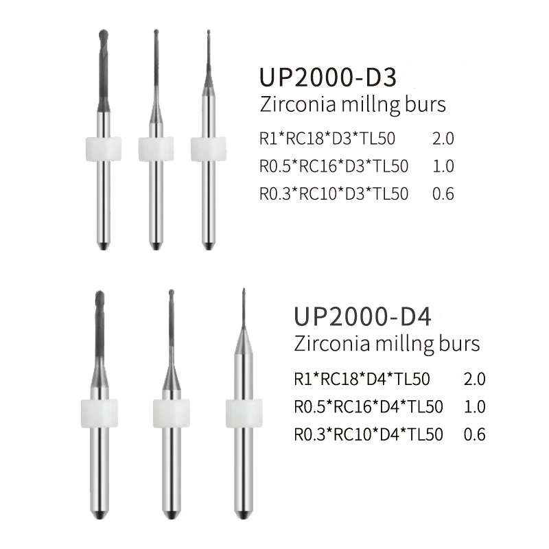 

1PC Dental Lab UPCERA Up2000 D3 D4 Zirconia Milling Burs Drill DC，DLC Coating Shank 3MM,4MM
