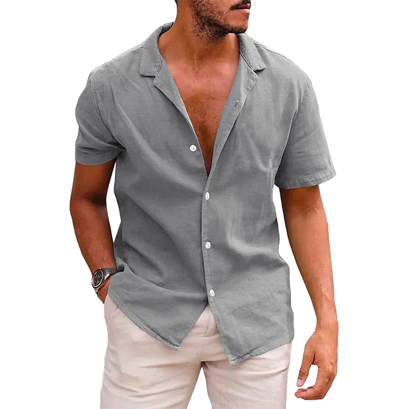 Hot Sale Men's Short-Sleeved Shirts Cotton Linen Summer Solid Color Turn-down Collar Quick Drying Casual Beach Style Plus Size