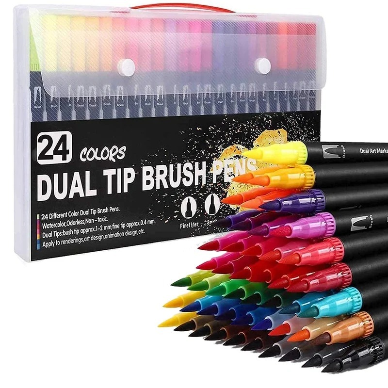 12-24 Colors Felt Tip Drawing Watercolor Art Markers Pen,Dual Brush Fineliner Colouring Pen Set for Calligraphy Painting