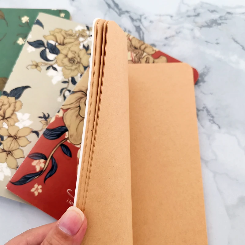 4PCS A6 Vintage Flower Kraft Paper Ledger Notebook 48K Blank Notepad Retro Hand-painted Floral Diary Sketch Book Stationery Set