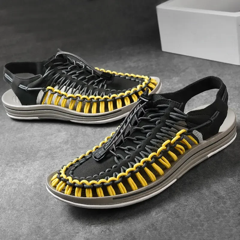 2024 New Leisure Men's Spring/Summer Knitted Sandals Fashionable and Trendy Beach Shoes with A Headband and One Step Lazy Shoes
