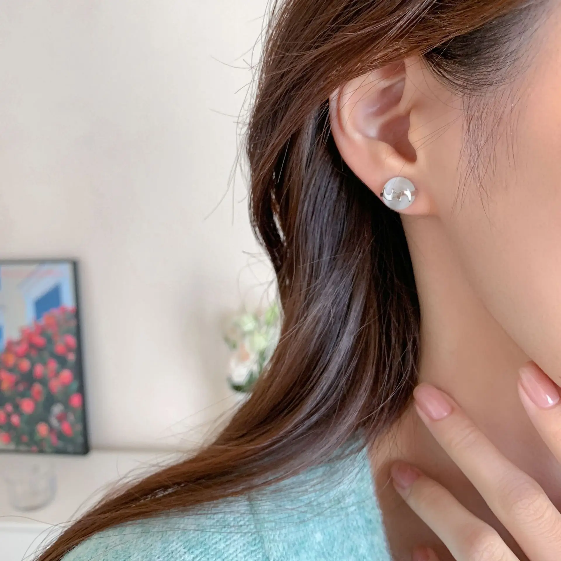 100% 925 Sterling Silver Chalcedony Geometric Earrings for Women Girl Cute Vintage Round Design Jewelry Party Gift Dropshipping